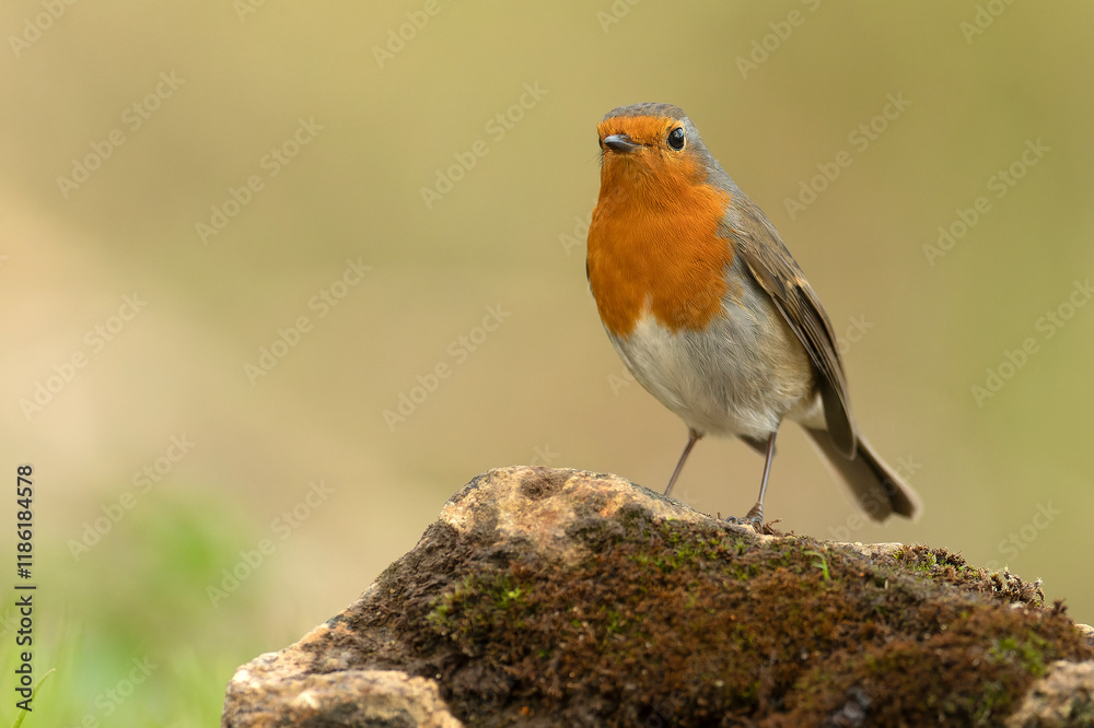 European robin in a Mediterranean forest of pine and oak trees at the first light of a winter day European robin in a Mediterranean forest of pine and oak trees at the first light of a winter day