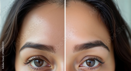 Woman forehead before, after botox treatment. Cosmetic procedure reduces wrinkles. Anti-aging cosmetic therapy shown. Close-up studio photo. Female patient with brown eyes. Skincare improvement