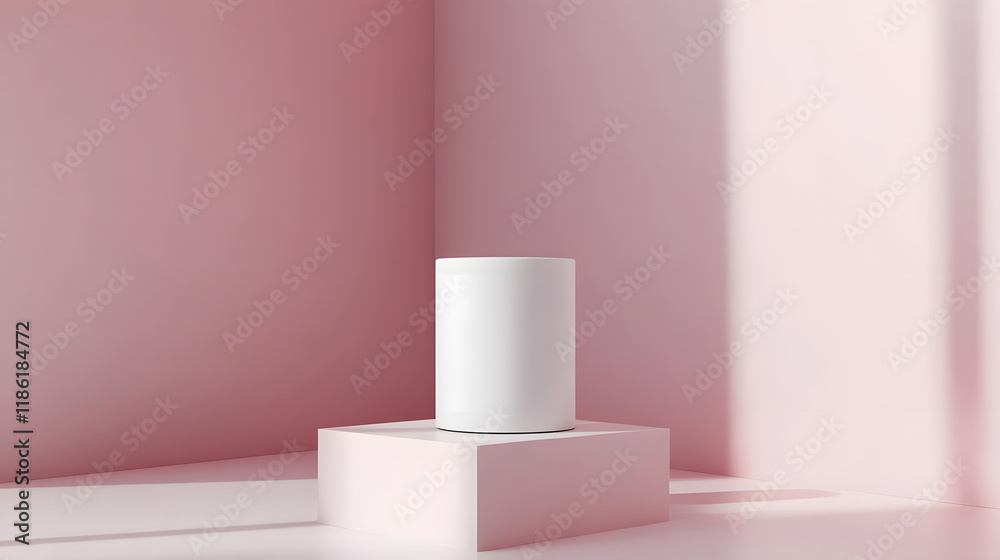 3D White Cylindrical Podium and Cube Pedestal with Clean Empty Wall Scene for Minimal Product Display and Stage Showcase. 3D White Cylindrical Podium and Cube Pedestal with Clean Empty Wall Scene for Minimal Product Display and Stage Showcase.