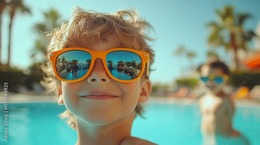 A vibrant image of kids having fun by the pool, ideal for summer, family, and vacation themes. A vibrant image of kids having fun by the pool, ideal for summer, family, and vacation themes.