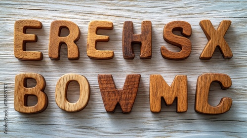 Wooden blocks arranged in a creative pattern with letters on a wooden surface