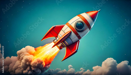 Retro-styled rocket launching into a vibrant teal sky, leaving a fiery trail of smoke and clouds.  Ideal for websites, presentations, and children's projects needing a fun, whimsical space theme.