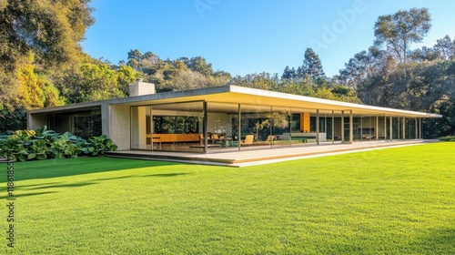 Modern Architecture House Surrounded by Green Lawn and Trees