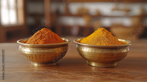Colorful spices arranged in bowls displayed on a sunny kitchen countertop