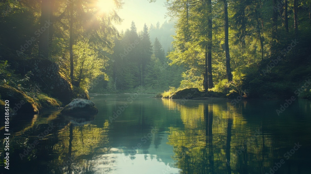 Obraz premium Sunlit River Reflecting Lush Forest Trees