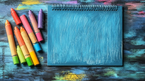 Colorful crayons and a blank sketchbook ready for creative expression in an a...