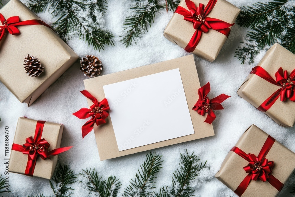 custom made wallpaper toronto digitalChristmas gifts, red bows, snowflakes, white card, snowy background, holiday theme, festive decorations, winter atmosphere,