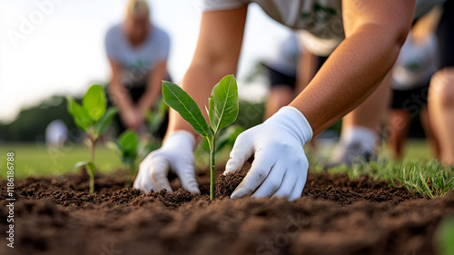 Close-up of gloved hands planting a tree in a green field, promoting reforestation and environmental care.