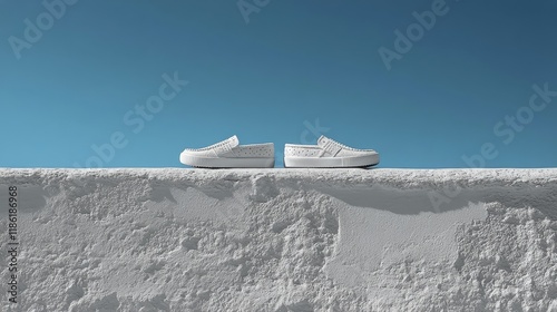 Stylish white shoes placed on a textured wall with a clear sky in the background