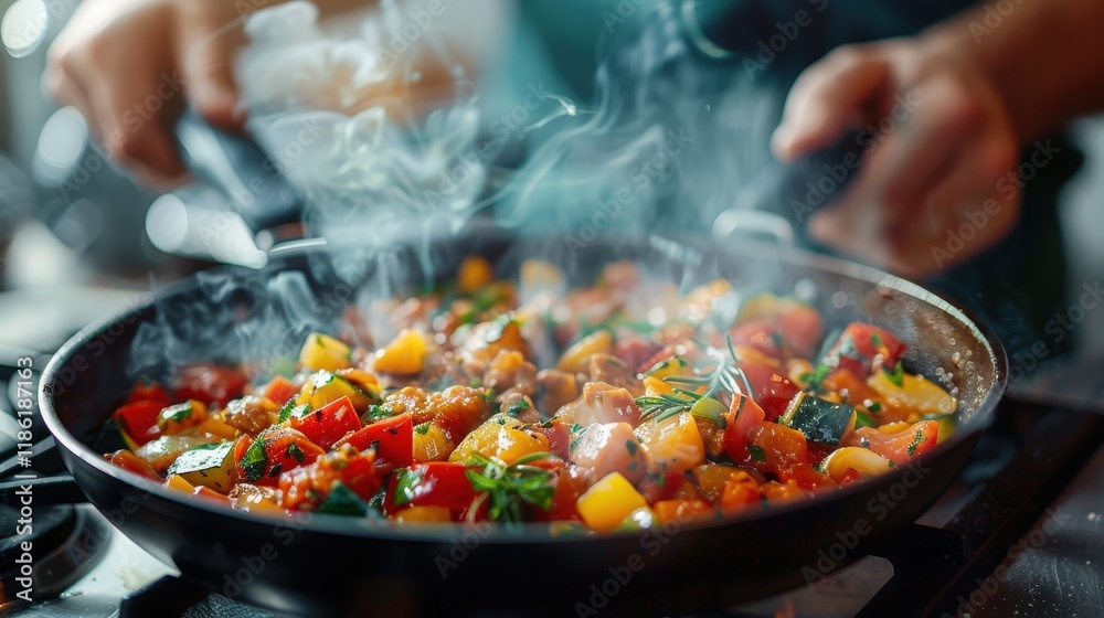 Chef Sautéing Colorful Vegetables in a Sizzling Hot Pan Chef Sautéing Colorful Vegetables in a Sizzling Hot Pan