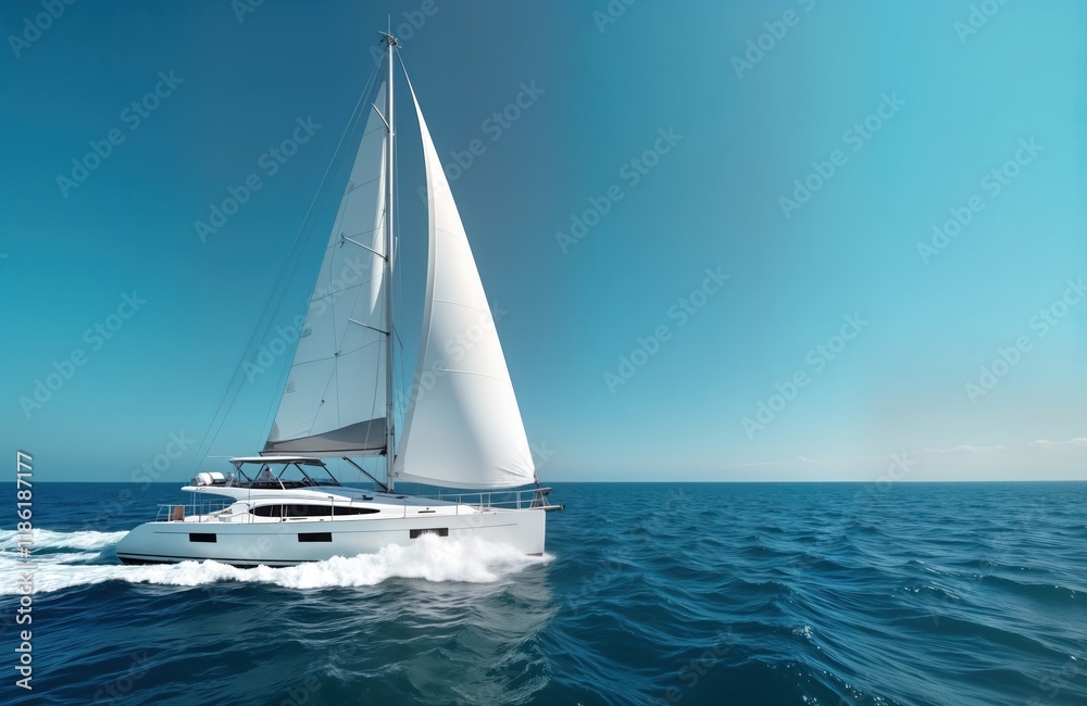 Naklejka premium White sailing yacht glides on deep blue sea with waves, spray. Sunny day with clear sky. Vacation regatta on ocean. Seascape photo taken from side view shows dynamic movement of vessel. Beautiful