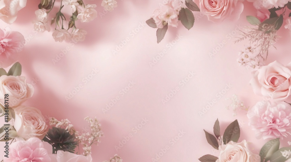 Romantic floral wedding invitation frame with copy space. Soft pastel pink. Generative AI Romantic floral wedding invitation frame with copy space. Soft pastel pink. Generative AI