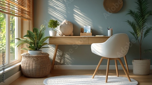 Bright and airy home workspace with natural light and plants in a minimalist ...
