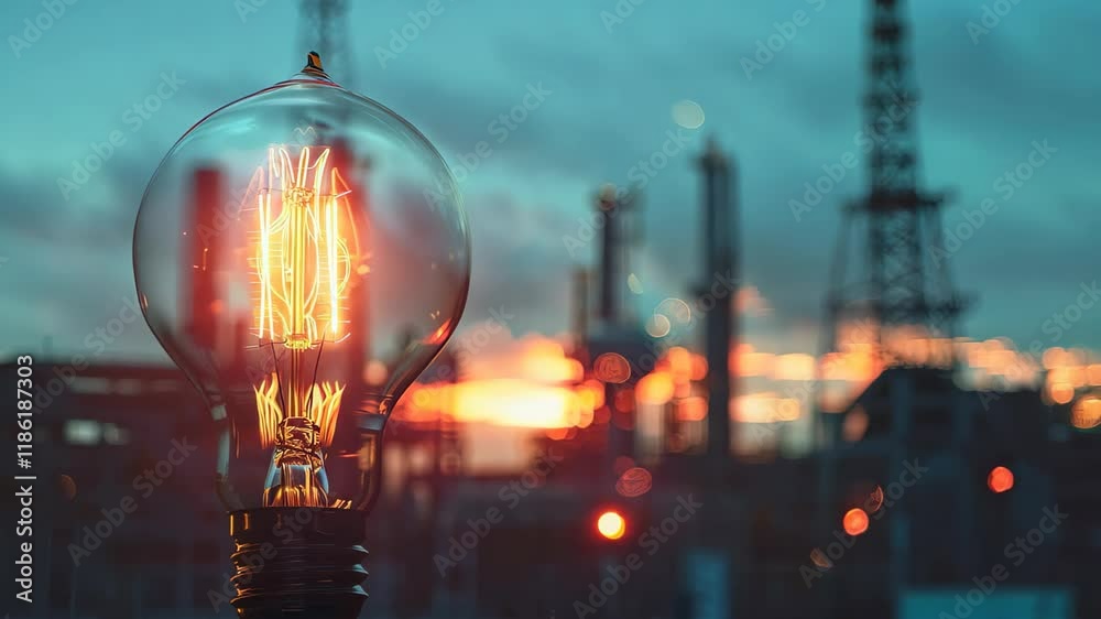 Close-up of vintage incandescent bulb emits warm glow, illuminating filaments. silhouetted oil towers contrast against dramatic sunset, blending nostalgiwith industrial themes.