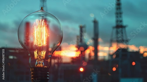 Close-up of vintage incandescent bulb emits warm glow, illuminating filaments. silhouetted oil towers contrast against dramatic sunset, blending nostalgiwith industrial themes.