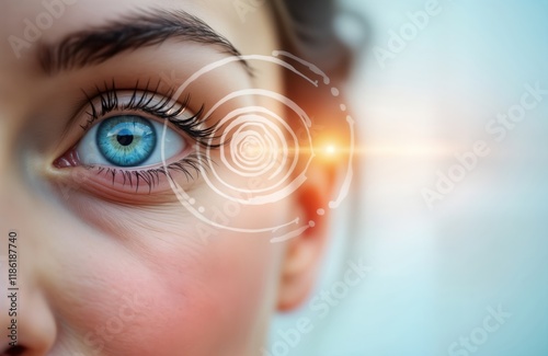 Close-up female eye on visual acuity test. Modern tech used for eyesight check-up. Healthy eye care concept. Focus on eye health improvement. Laser eye surgery acuity check concept. Female patient. photo
