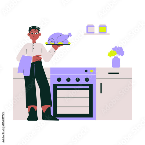 Male Chef Holding A Roasted Turkey In A Modern Kitchen In Flat Vector Illustration Symbolizing Cooking, Festive Meals, And Culinary Expertise, Isolated On White Background photo