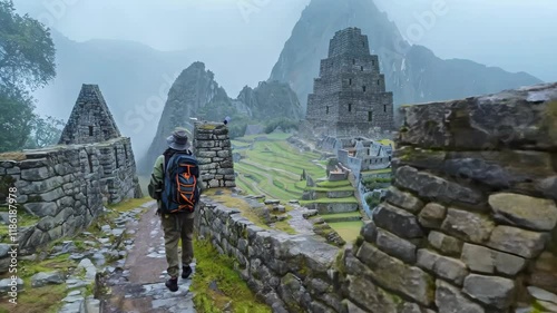 Hiker explores the ancient ruins of machu picchu, surrounded by misty mountains and lush greenery, capturing the beauty of history and adventure amid mystical ambiance.