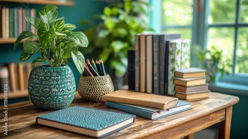Bright indoor space with plants and an open book on a warm wooden table in th...