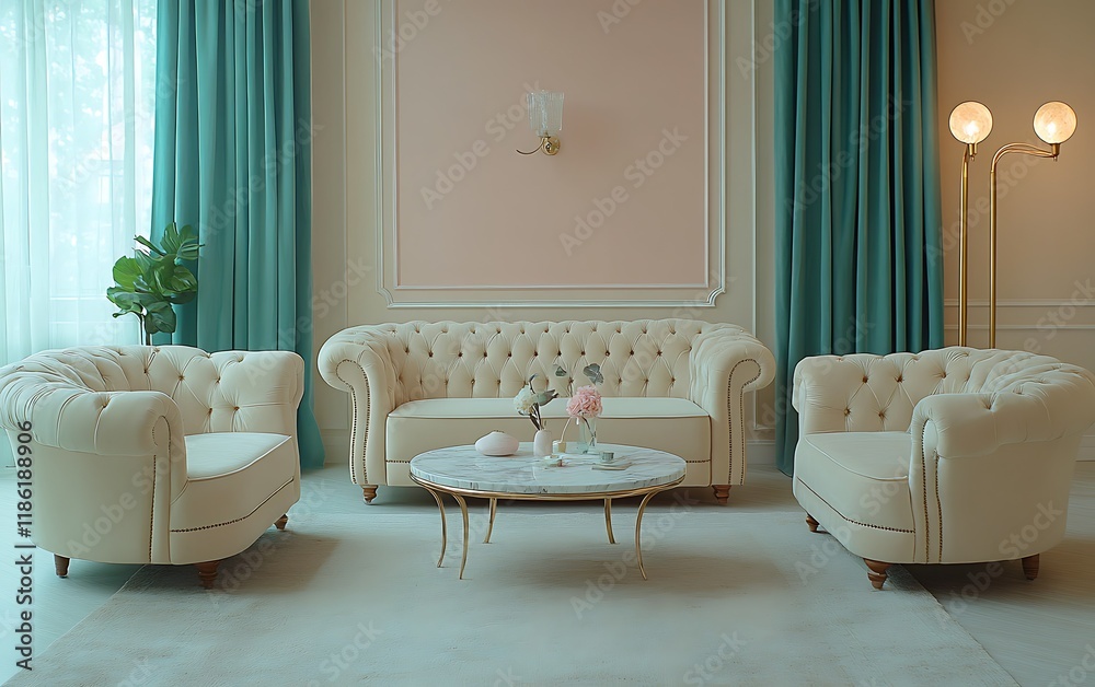 Obraz premium Elegant living room, cream sofa, teal curtains, pastel walls, interior design