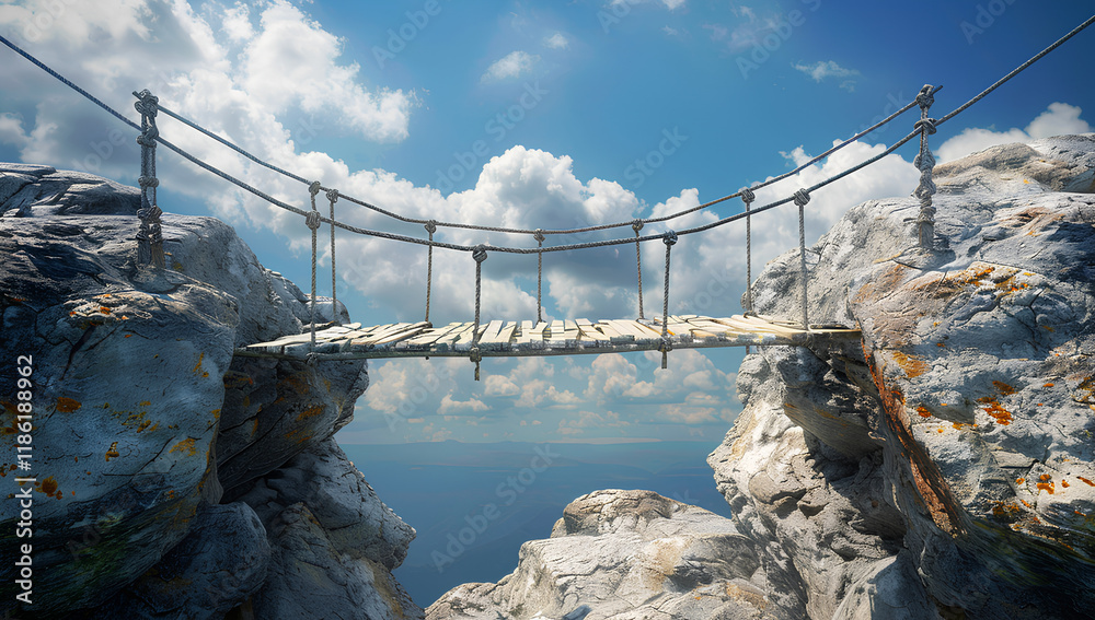 Naklejka premium bridge made of rope and wood, with wooden ladders on each side, spanning over two rocks in the sky.