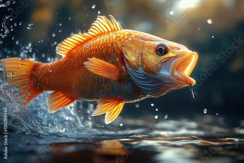 Golden fish leaping, hooked, water splashing. photo