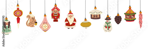 banner Christmas balls. Soviet toys. A banner for decorating a Christmas tree, Christmas balls on a white background. Santa Claus, the snow Maiden, the nutcracker. The holiday decoration template