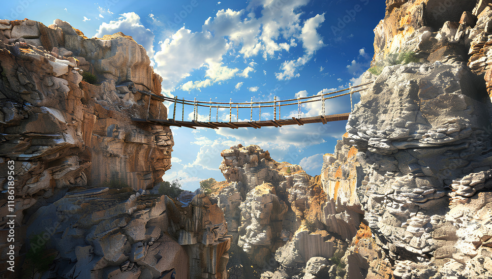 Obraz premium bridge made of rope and wood, with wooden ladders on each side, spanning over two rocks in the sky.