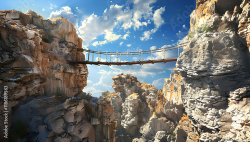 bridge made of rope and wood, with wooden ladders on each side, spanning over two rocks in the sky. photo