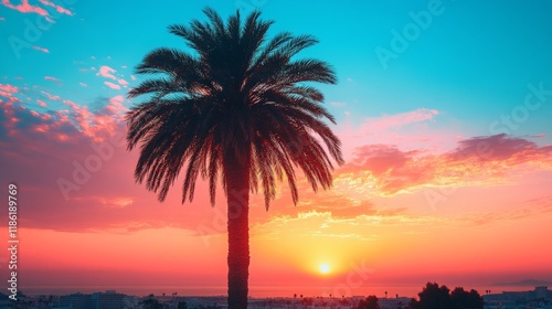 Beautiful sunset with a palm tree silhouette overlooking a coastal city in th...