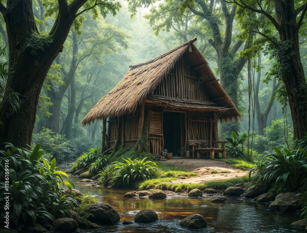 Unique wooden cabin nestled in a lush forest near a tranquil stream during daylight Unique wooden cabin nestled in a lush forest near a tranquil stream during daylight