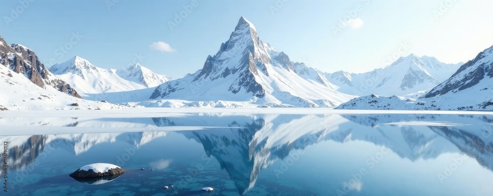 custom made wallpaper toronto digitalFrozen lake reflects the majestic grandeur of a snow-capped peak against a vast white expanse, mountains, snowy, water