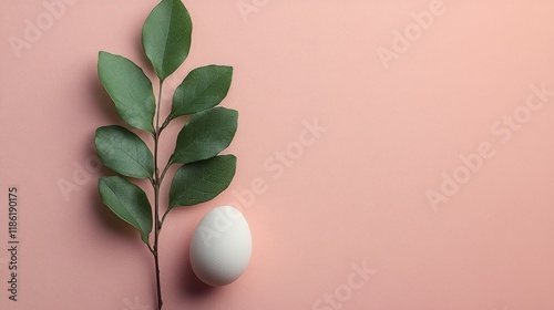 Fresh green leaves and a white egg on soft pink background create a minimalis...
