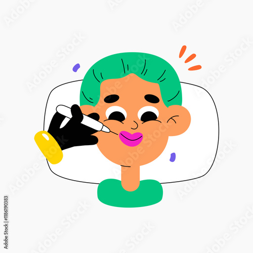 Female undergoing lip injection, botox, dermal filler, and face hydration treatment for cosmetic enhancement, flat vector illustration