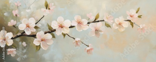 Cherry blossom branch with delicate pink flowers against a soft pastel background The colors blend harmoniously, creating a serene and tranquil atmosphere Perfect for spring
