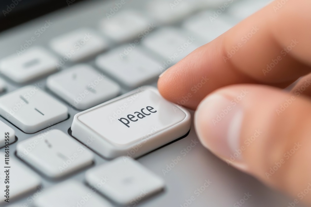 Fingers press the peace key on a computer keyboard promoting harmony in digital communication Fingers press the peace key on a computer keyboard promoting harmony in digital communication