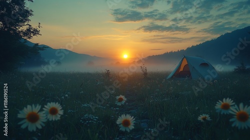 Stunning sunset over misty valley with a camping site and colorful sky at dusk