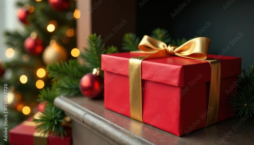 Golden ribbon tied around a red gift box on a festive mantel, holiday, giftbox, mantelpiece Golden ribbon tied around a red gift box on a festive mantel, holiday, giftbox, mantelpiece