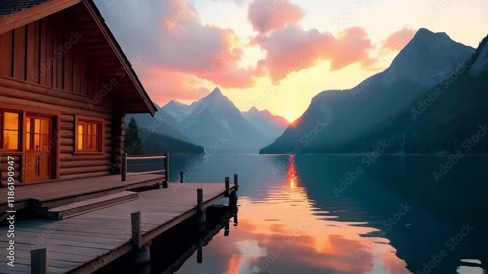 A rustic log cabin by a serene lake, with a wooden dock extending into the water
