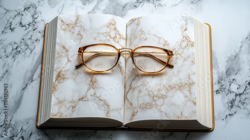 Glasses resting on an open book with a marble texture background in a cozy re...