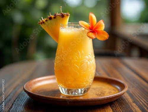 Refreshing tropical beverage served in a glass with garnishes on a wooden tray