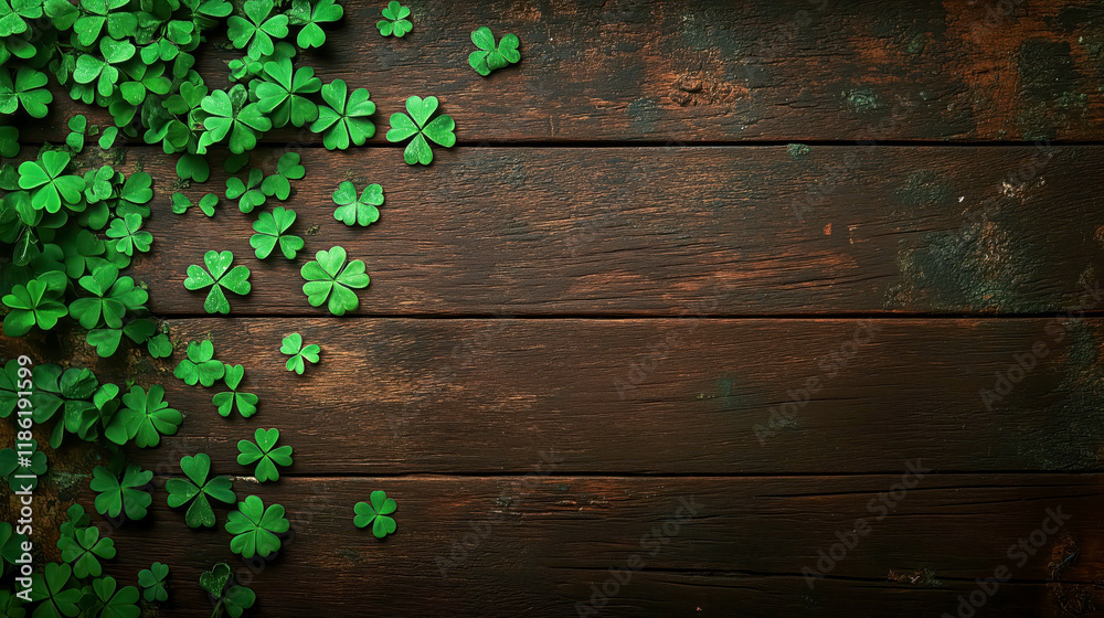 Fototapeta premium Green clovers framing rustic wooden background for saint patrick's day