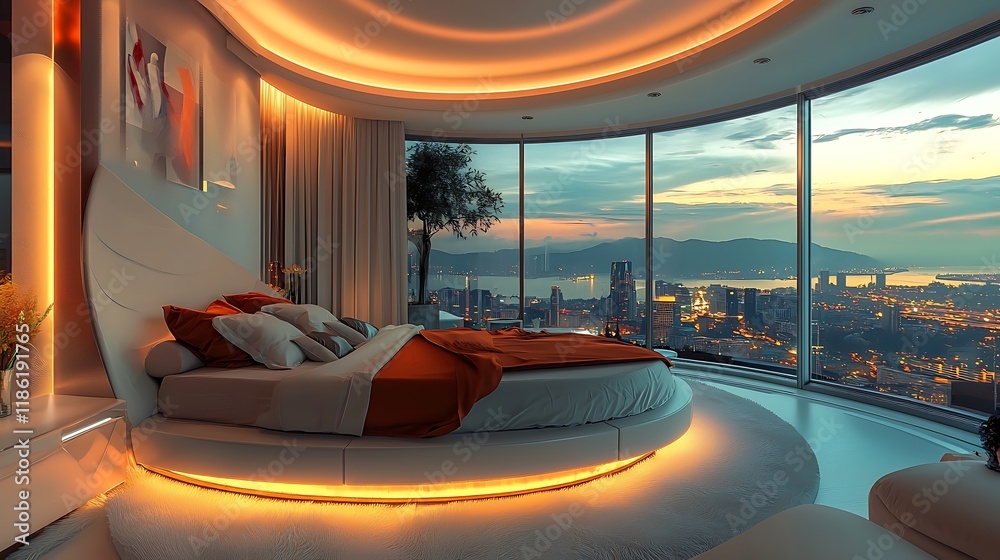Fototapeta premium Bedroom with a rotating bed and a 360-degree panoramic view 