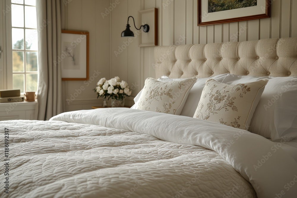 Obraz premium Beige bedroom, tufted headboard, floral pillows, soft bedding.