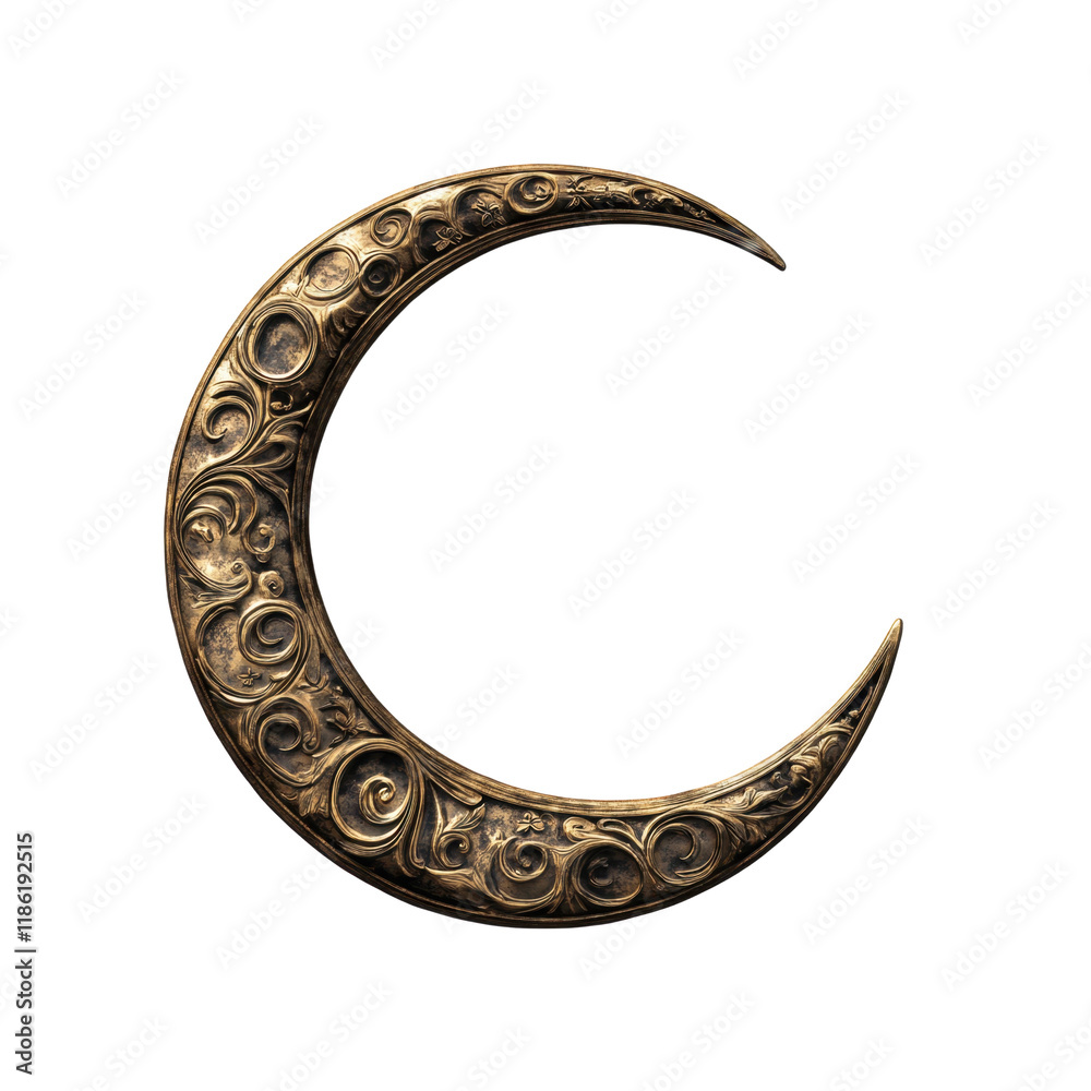 Bronze crescent moon featuring ornate carved design elements. The detailed craftsmanship showcases patterns in a vintage, antique style. Isolated on transparent background, png. Bronze crescent moon featuring ornate carved design elements. The detailed craftsmanship showcases patterns in a vintage, antique style. Isolated on transparent background, png.