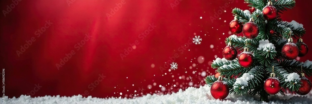 Snowy Christmas tree with red ornaments and white snowflakes on deep red background, holiday decoration, red and white Snowy Christmas tree with red ornaments and white snowflakes on deep red background, holiday decoration, red and white