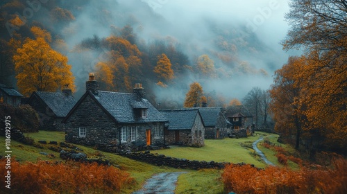Charming cottages line a winding road through a misty autumn landscape in a q...