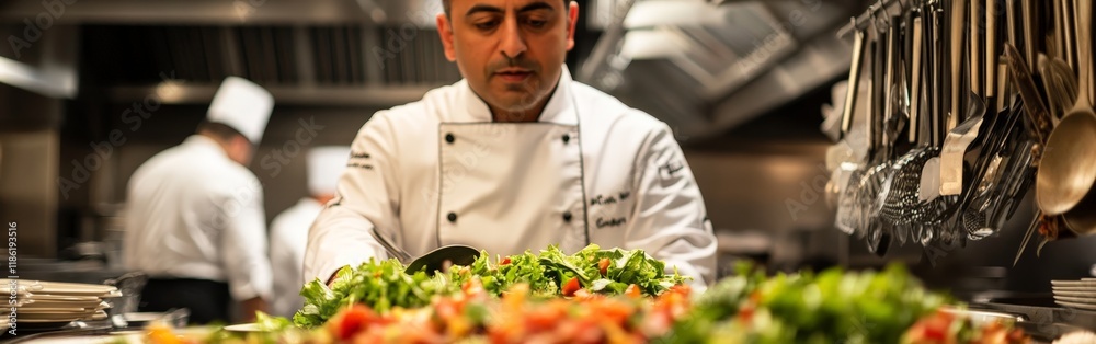 A chef preparing a fresh plate of vegetables in a busy, well-lit kitchen filled with ingredients. A chef preparing a fresh plate of vegetables in a busy, well-lit kitchen filled with ingredients.