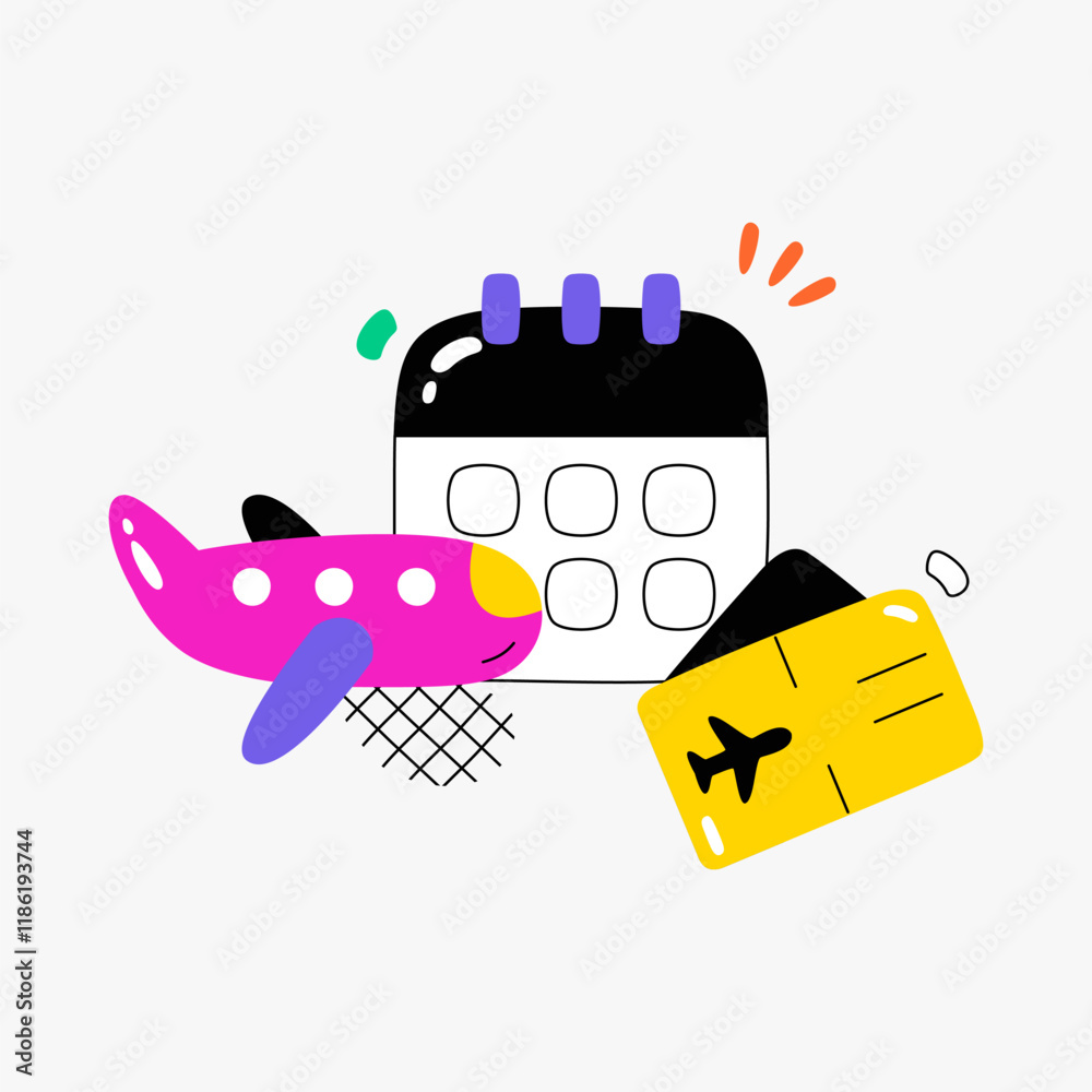 Airplane, Boarding Pass, And Calendar In Flat Vector Illustration Symbolizing Flight Planning, Travel Scheduling, And Booking, Isolated On White Background Airplane, Boarding Pass, And Calendar In Flat Vector Illustration Symbolizing Flight Planning, Travel Scheduling, And Booking, Isolated On White Background