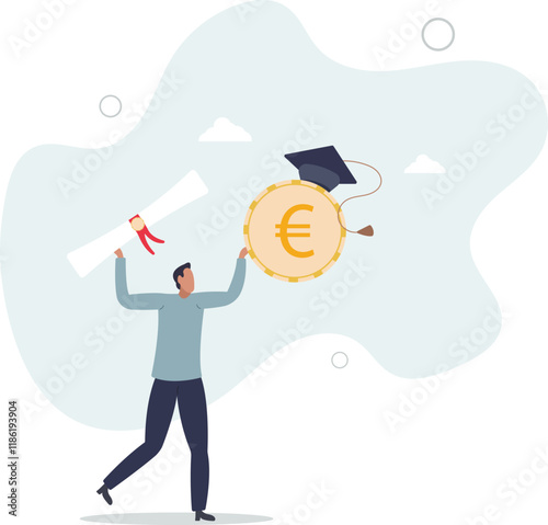 Education cost, tuition or scholarship, money for university or graduation, school expense or student debt, college diploma concept,.flat characters.